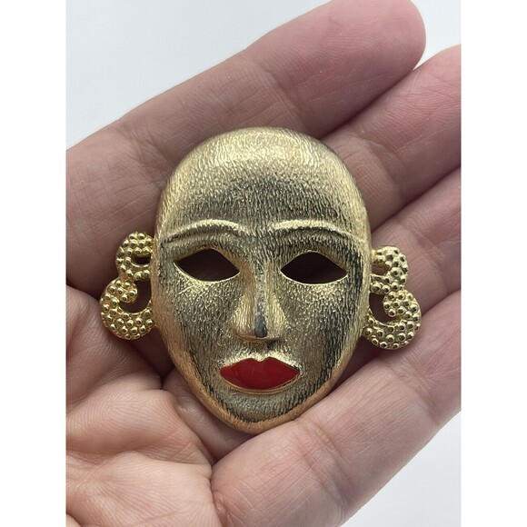 Vintage MJENT Face Mask Gold Tone Brooch - Picture 1 of 8